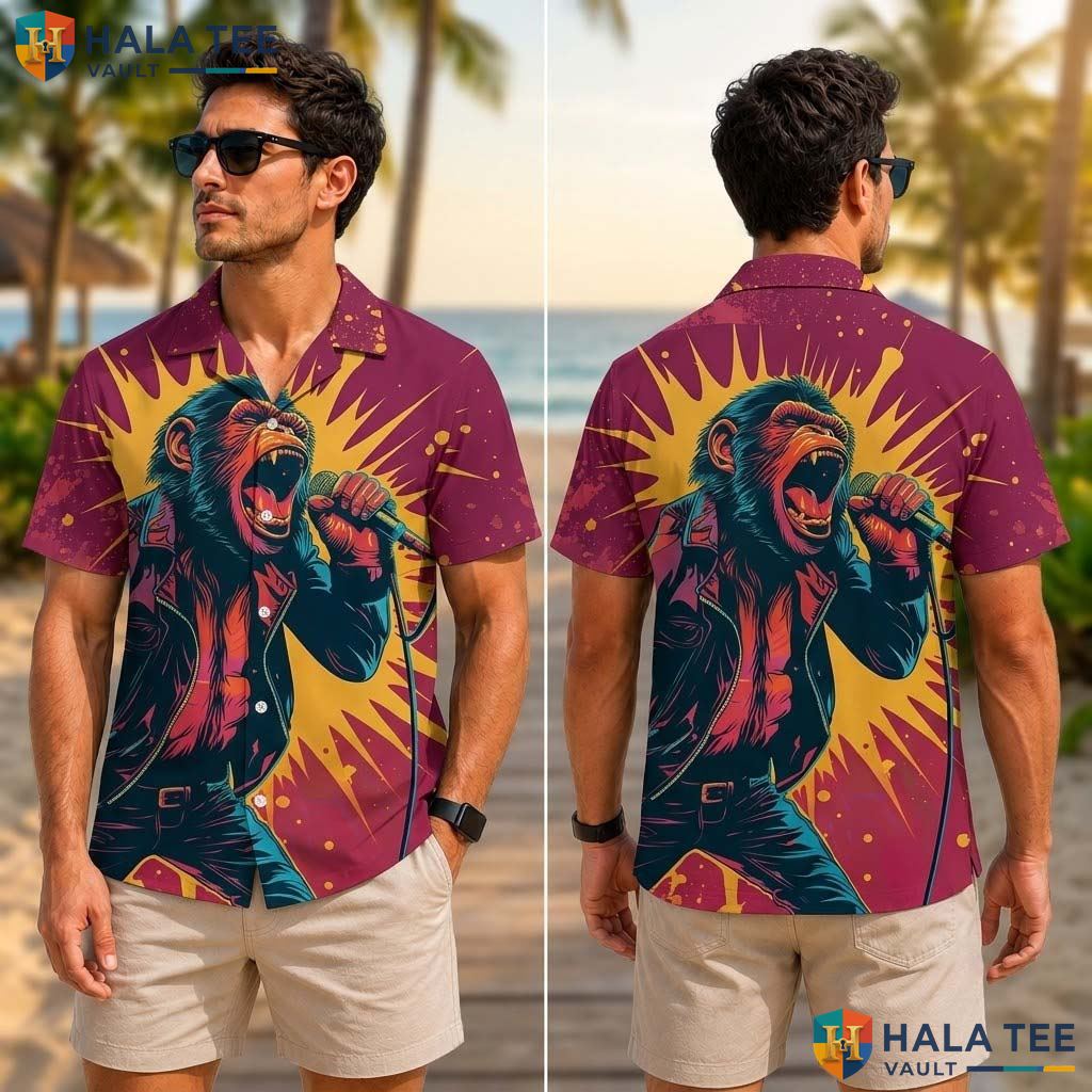 Funny Rock Star Chimpanzee Tropical Shirt Vibrant Casual Button Down Summer Top