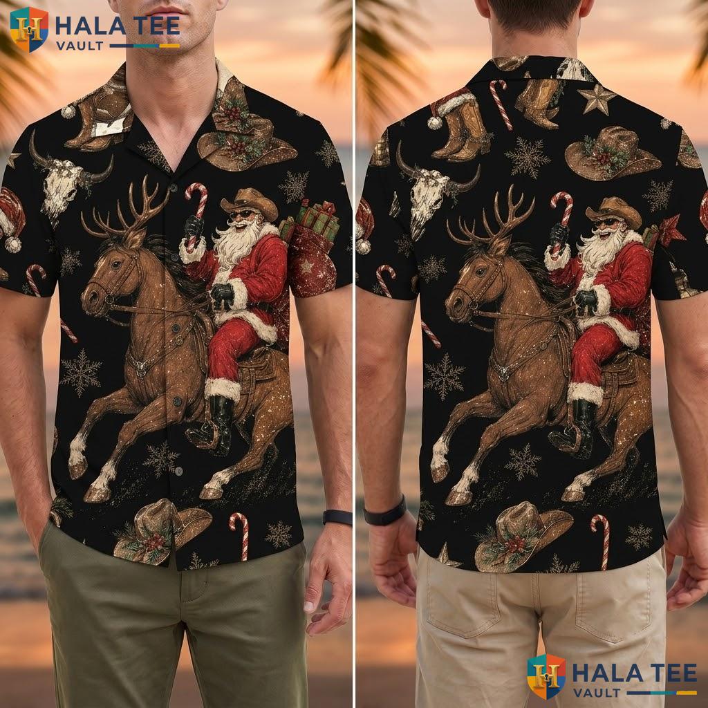 Funny Santa Horse Hawaiian Shirt Black White Mens Casual Summer Button Down Adult