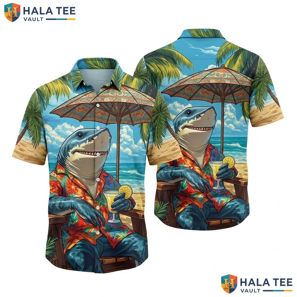 Funny Shark Hawaiian Shirt Vibrant Graphic Summer Palm Tree Beach Scene Top