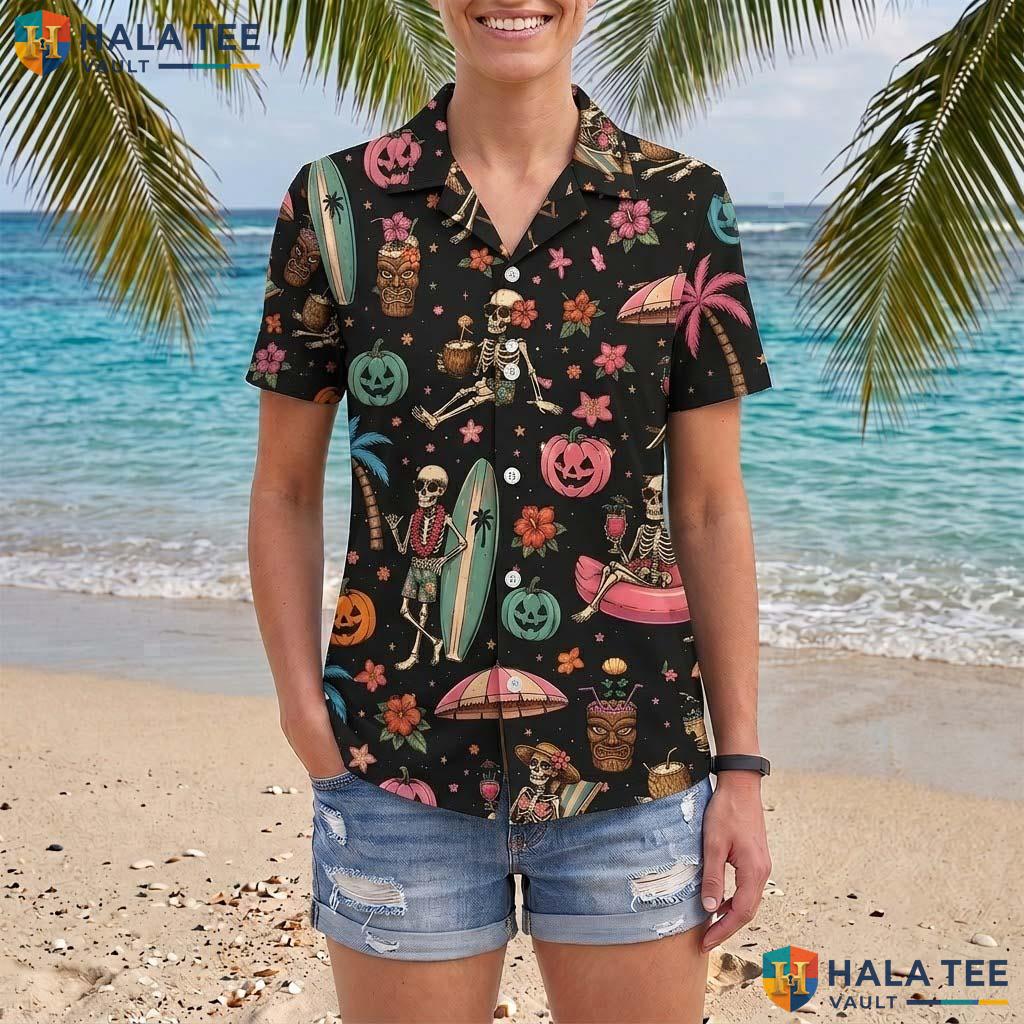 Funny Skeleton Halloween Aloha Shirt Spooky Summerween Resort Top Adult