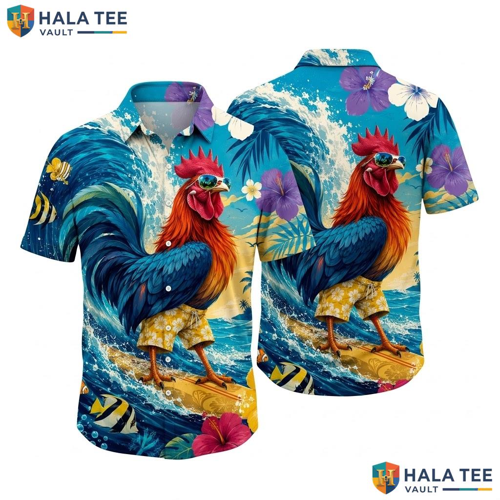 Funny Surfing Rooster Hawaiian Shirt Vibrant Tropical Summer Beach Apparel