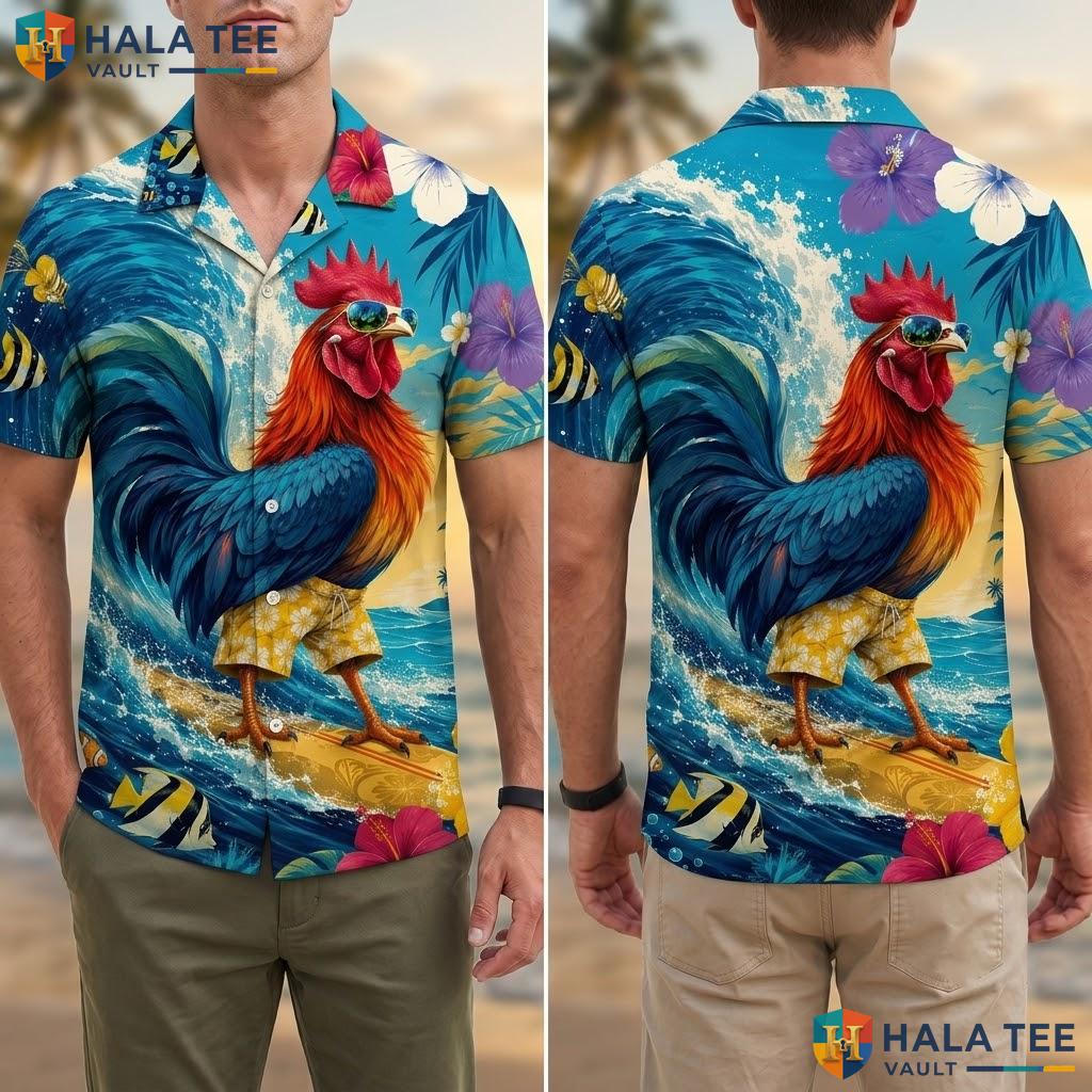 Funny Surfing Rooster Hawaiian Shirt Vibrant Tropical Summer Beach Apparel Adult