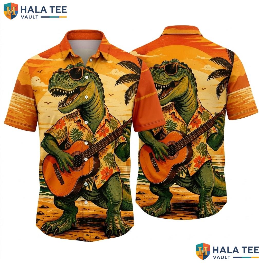Funny T Rex Guitar Aloha Shirt Vibrant Tropical Cartoon Dinosaur Sunset