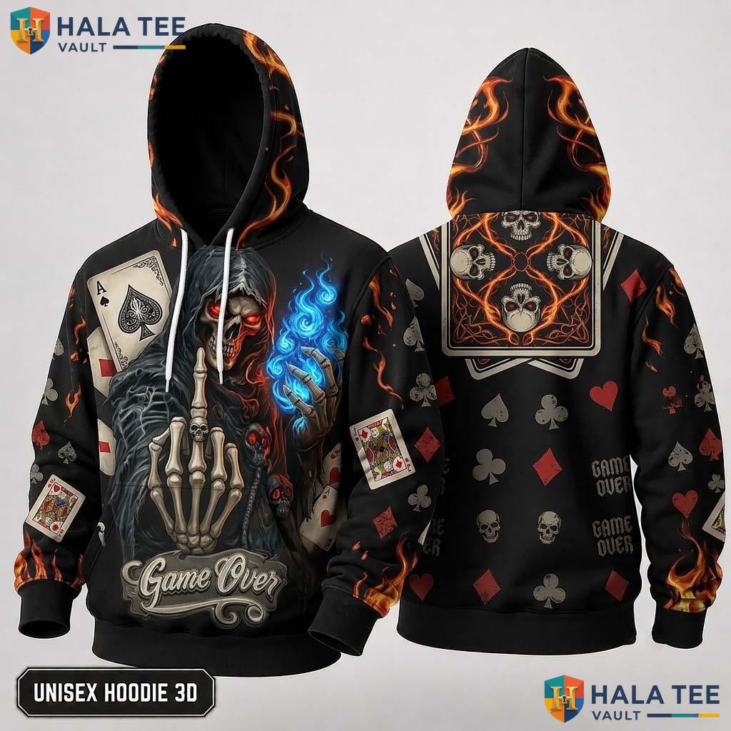 Game Over Grim Reaper 3D Hoodie Edgy Playing Card Graphic Sweatshirt