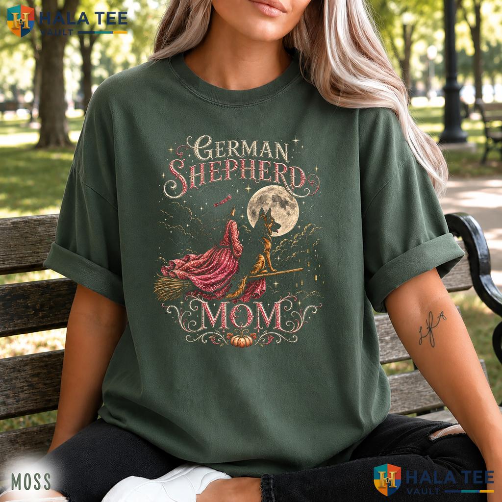 German Shepherd Witch Broomstick Retro Style T-Shirt Halloween Dog