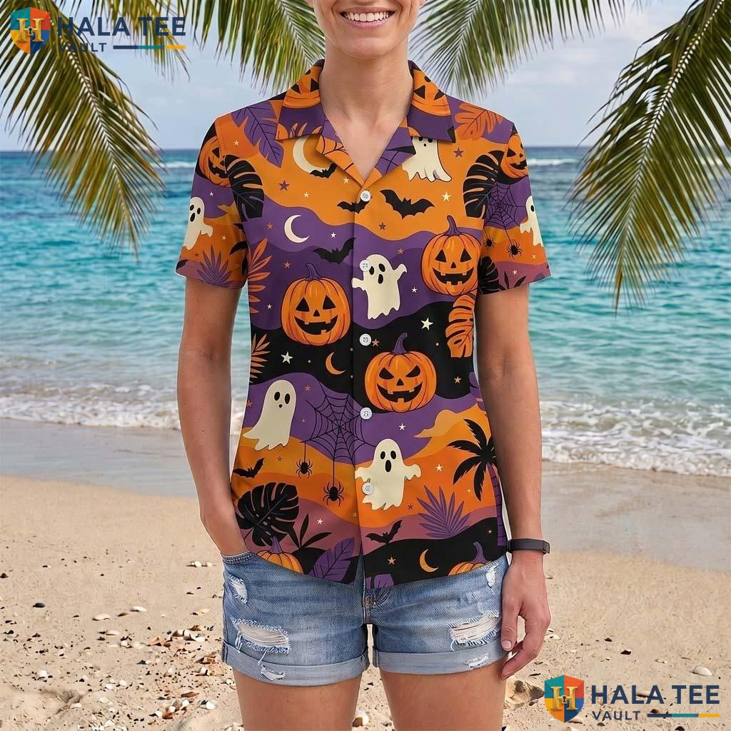 Ghost Beach Halloween Hawaiian Shirt Spooky Pumpkin Vacation Aloha Adult