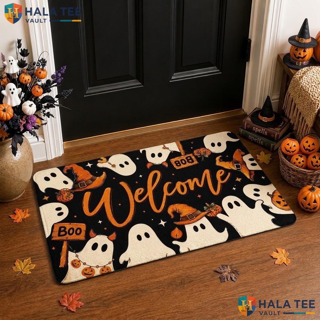 Ghost Boo Halloween Welcome Front door mat Spooky Indoor Outdoor Low Profile Rug