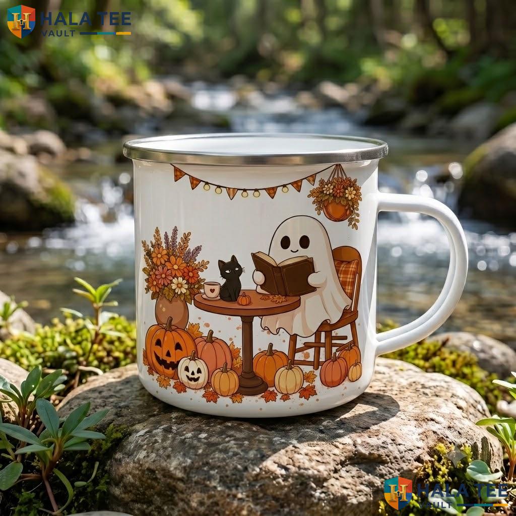 Ghost Fall And Cat Accent Mug Personalized Autumn Thanksgiving Cup