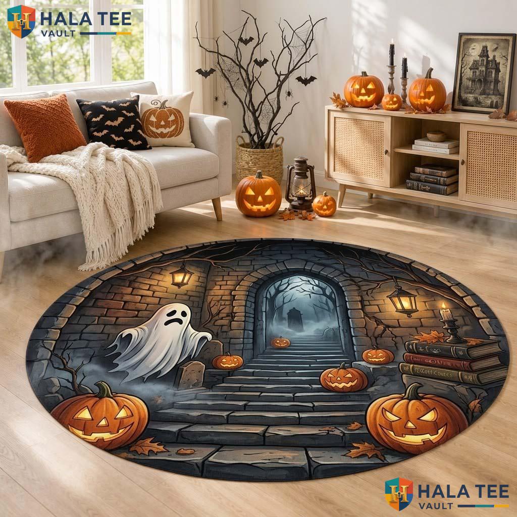 Ghost Graveyard Halloween Round Area Rug 3D Faux Tunnel Pumpkin Decor