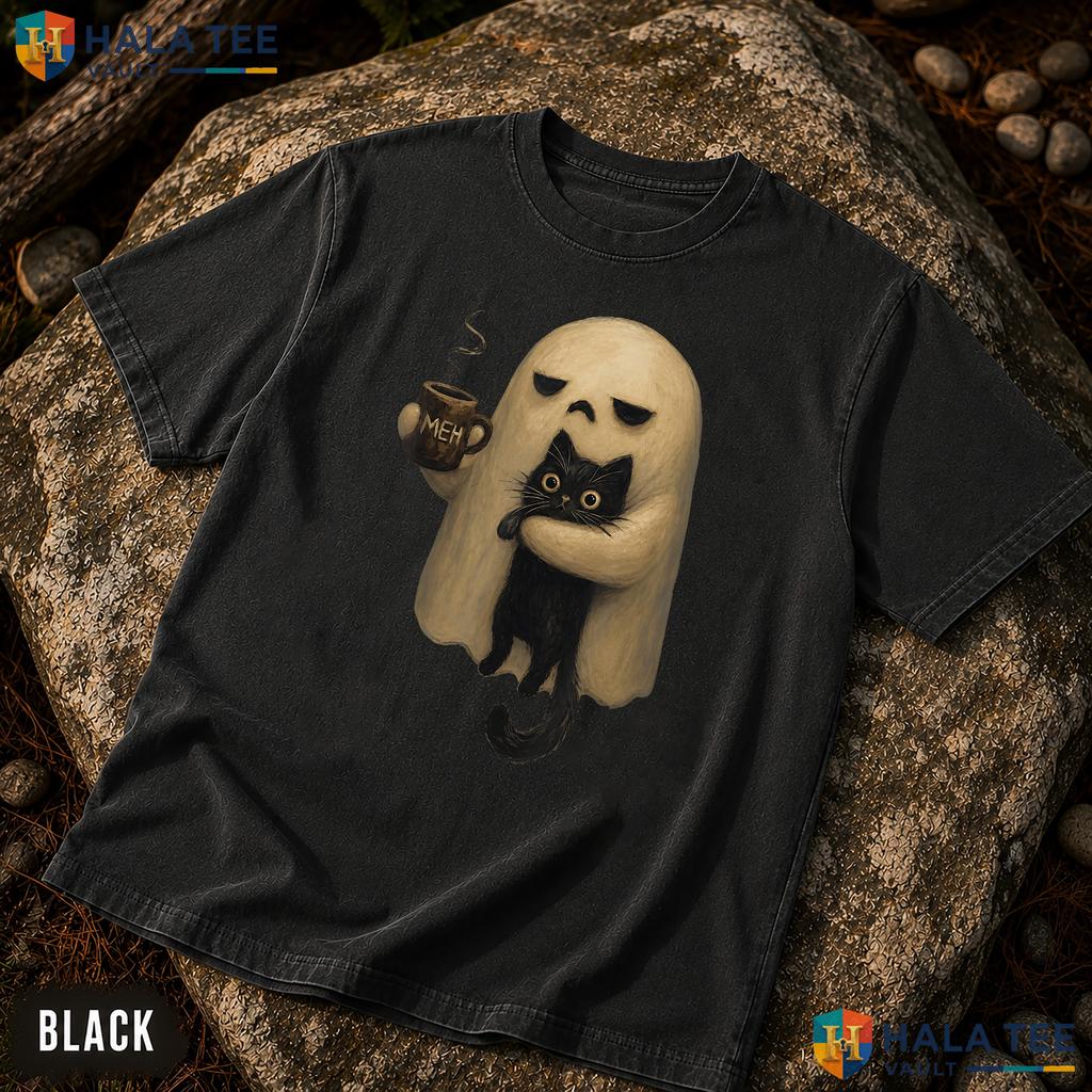 Ghost Holding Black Cat Comfort Colors T-Shirt Spooky Halloween Coffee Top