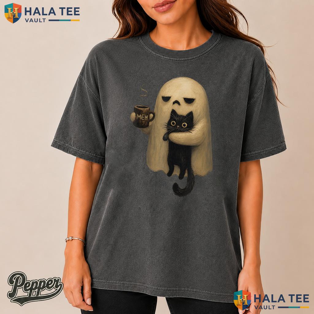 Ghost Holding Black Cat Garment-Dyed T-Shirt Spooky Halloween Coffee Top