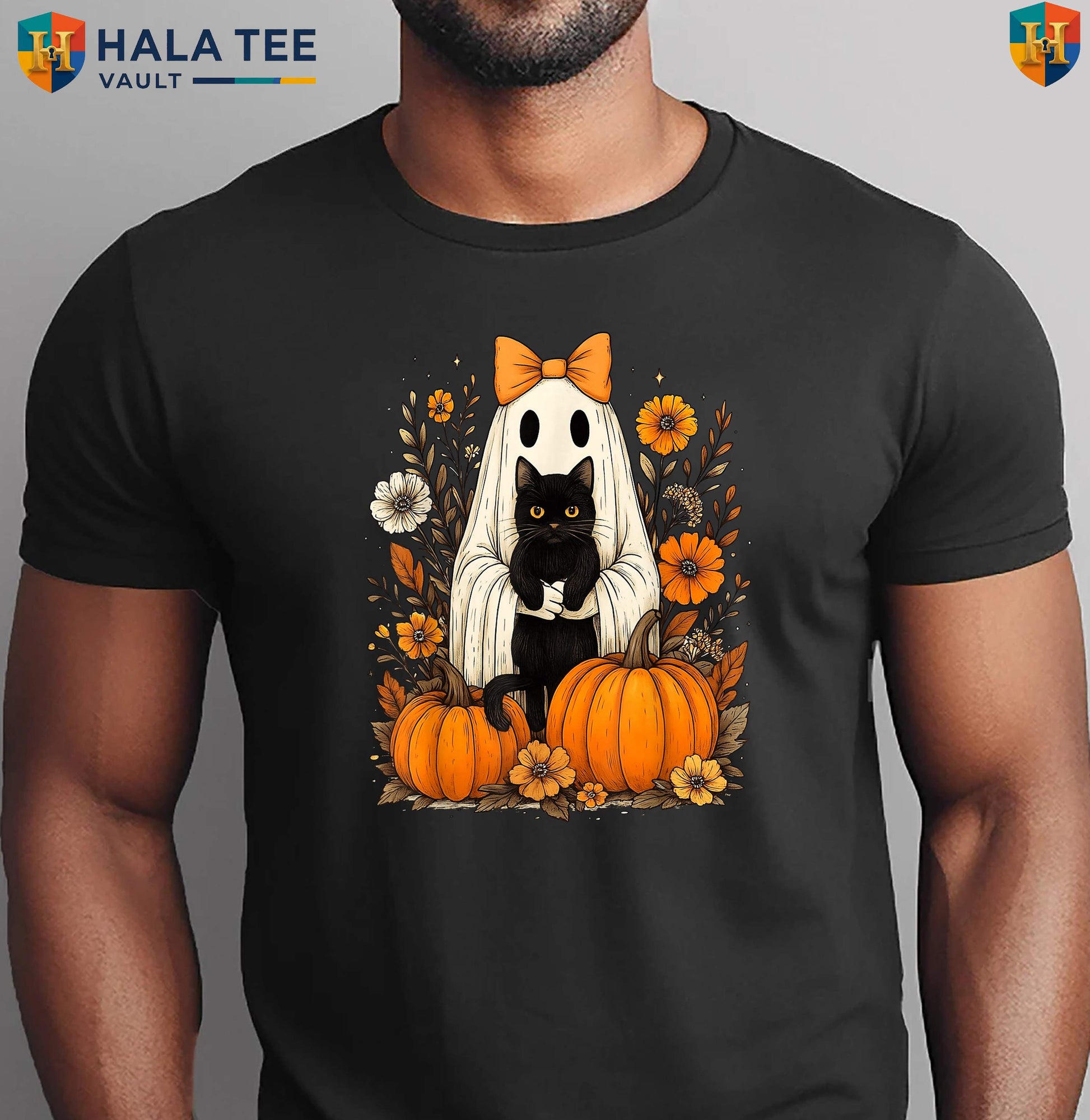 Ghost Holding Black Cat Shirt Vintage Groovy Floral Halloween Graphic Top