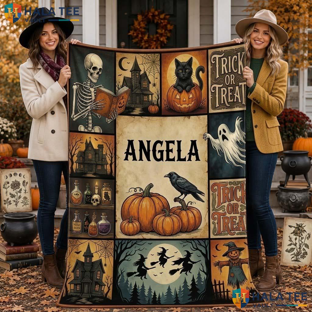 Ghost Patchwork Halloween Blanket Custom Name Vintage Spooky Throw