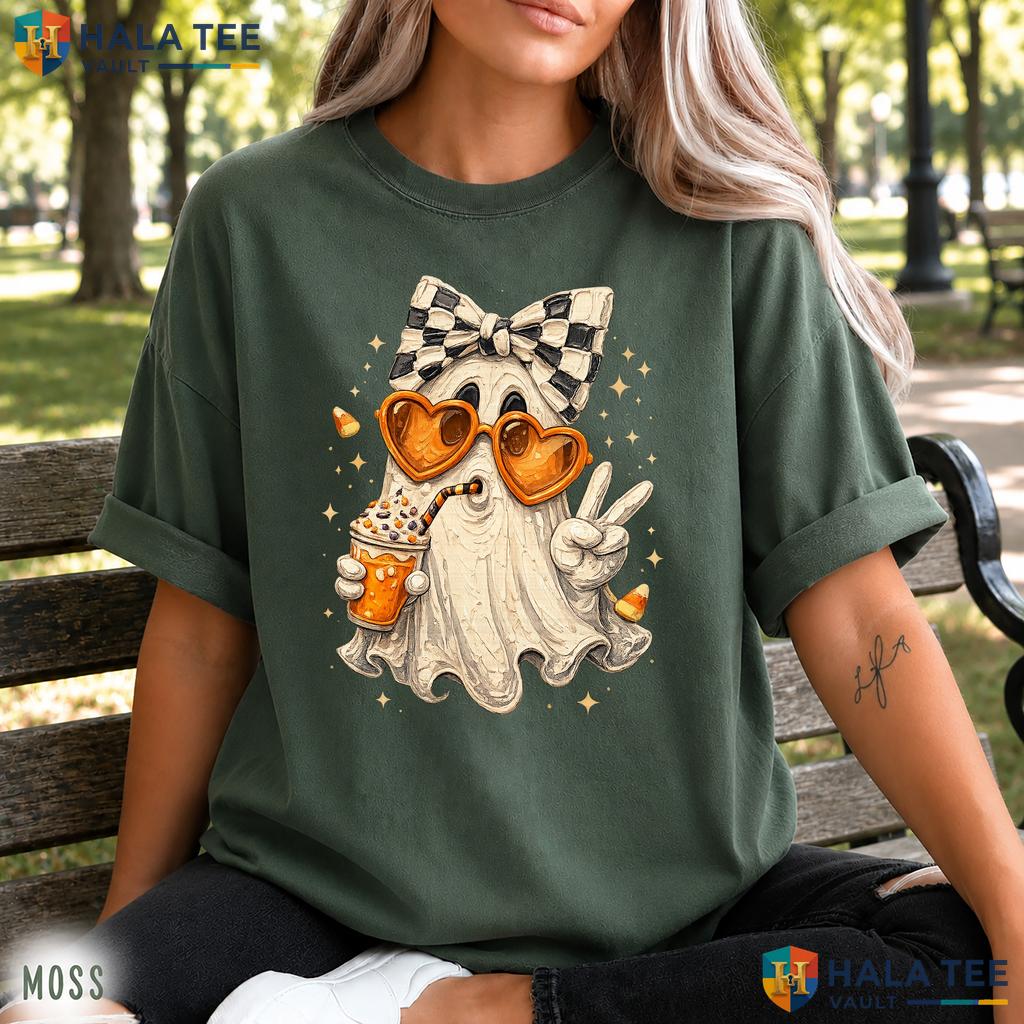 Ghost Pumpkin Coffee Comfort Colors T Shirt Coquette Bow Spooky Fall Apparel Vintage Washed Tee