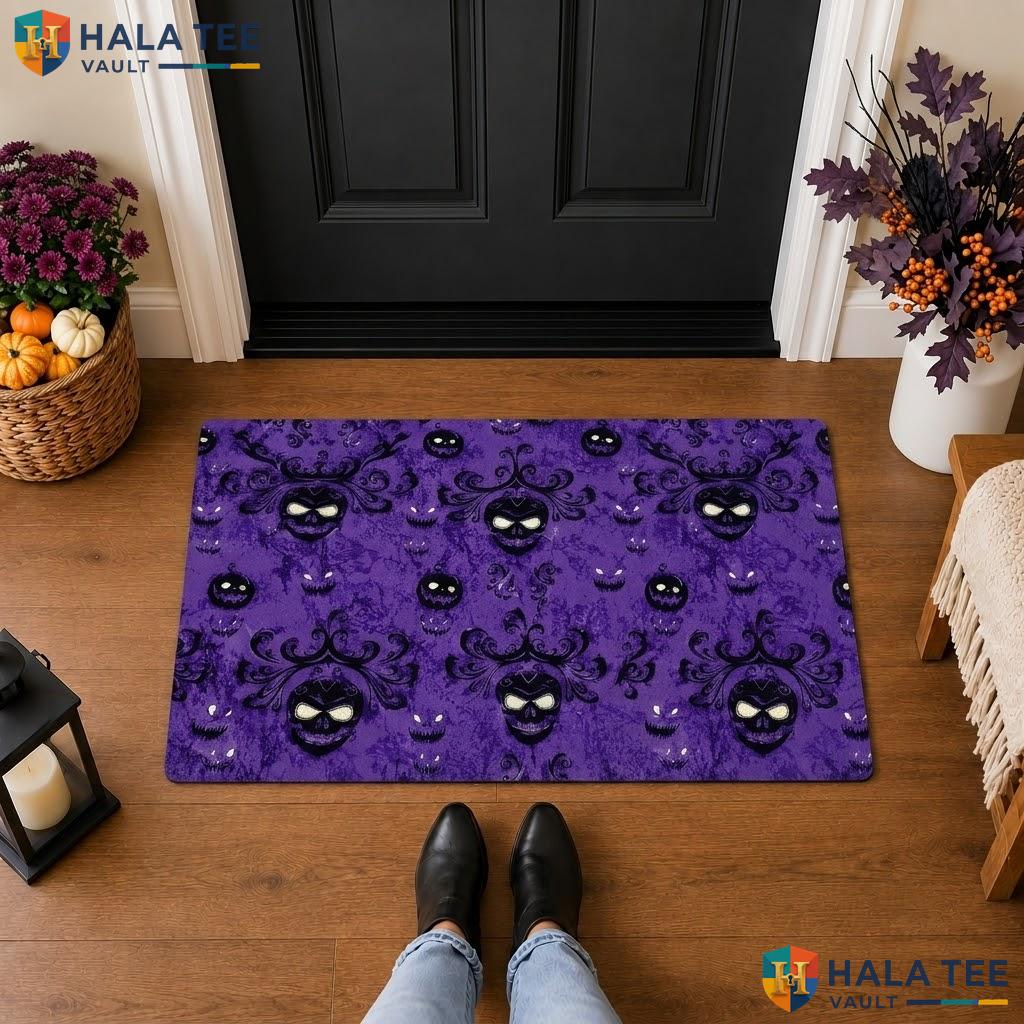 Ghost Pumpkin Skull Halloween Front door mat Purple Non Slip Welcome Porch Rug