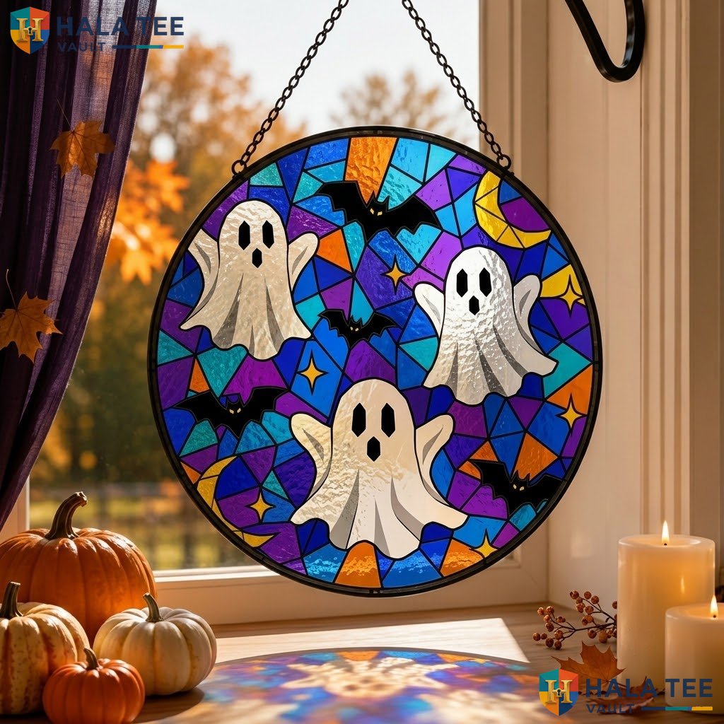 Ghost Trio Halloween Stained Glass Suncatcher Colorful Spooky Decor Gift Her Adult