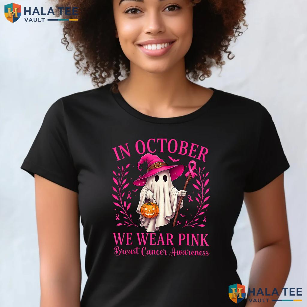 Ghost Witch Halloween Pink TShirt Breast Cancer October We Wear Top