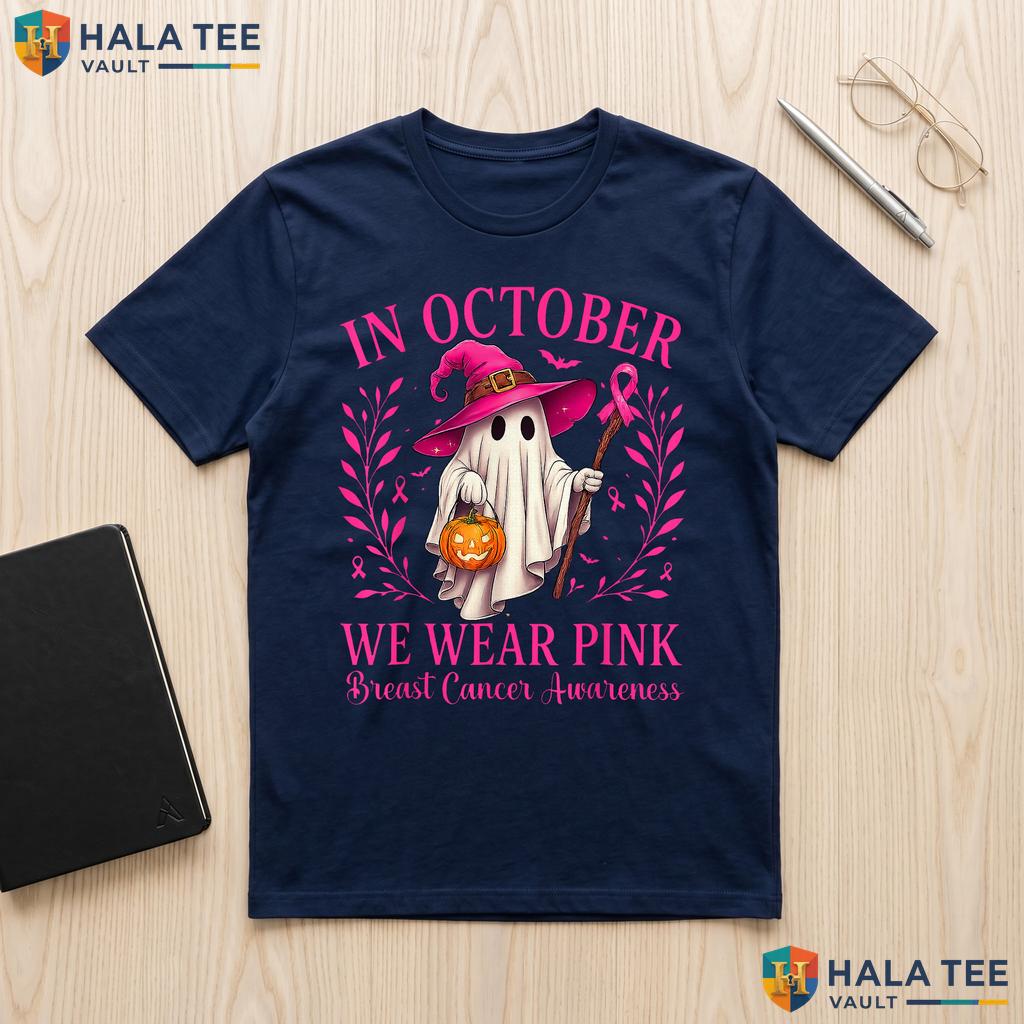 Ghost Witch Halloween Pink TShirt Breast Cancer October We Wear Top Adult