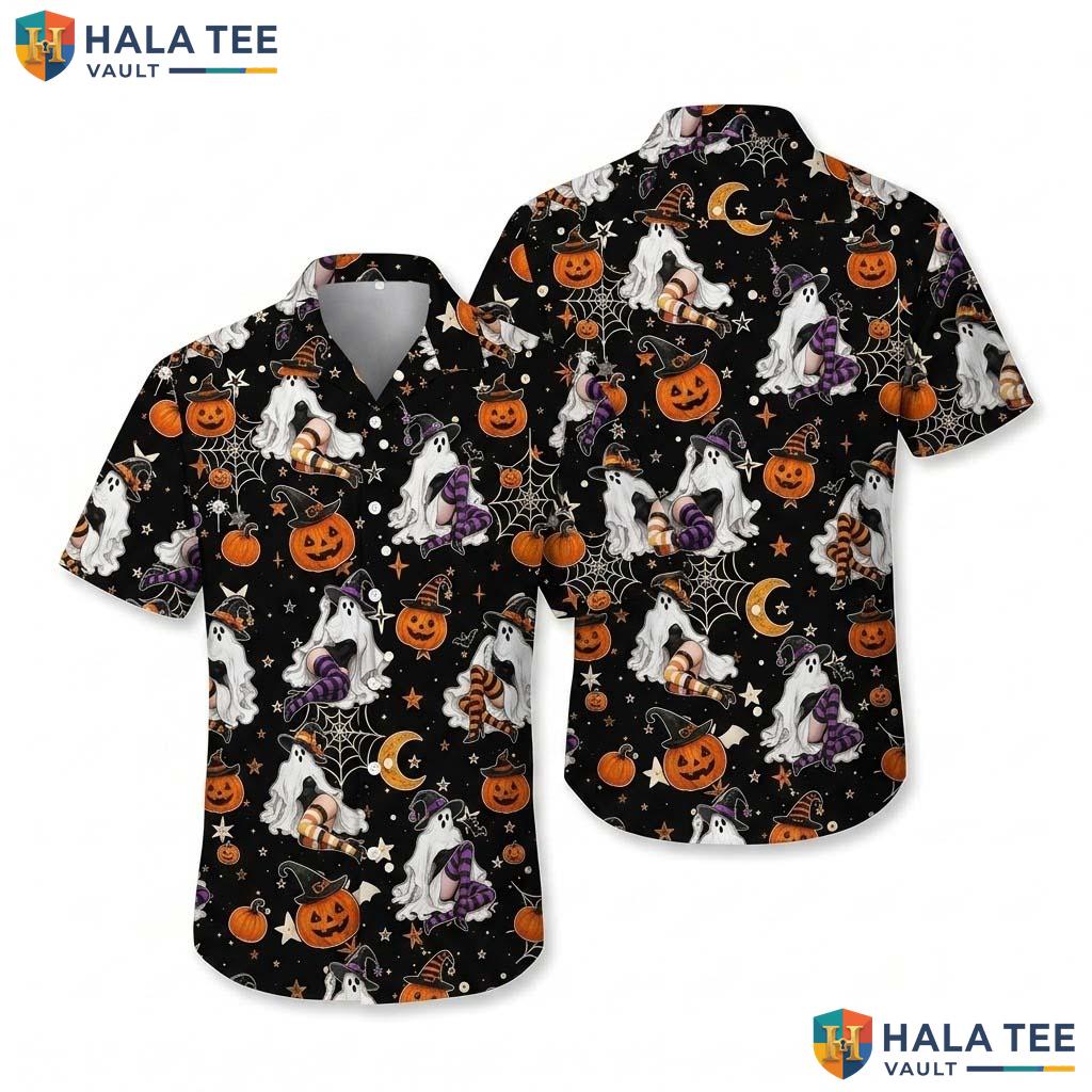 Glam Ghost Halloween Hawaiian Shirt Witchy Pumpkin Web Button Up