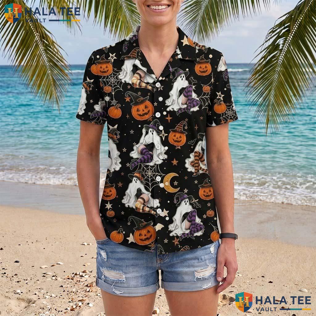 Glam Ghost Halloween Hawaiian Shirt Witchy Pumpkin Web Button Up Adult