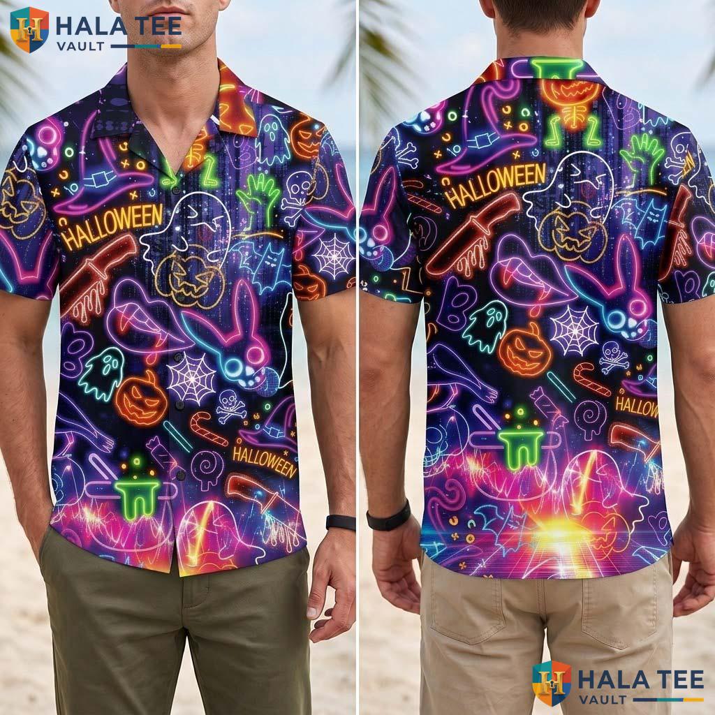 Glow Dark Halloween Hawaiian Shirt Spooky Neon Tropical Party Aloha Adult