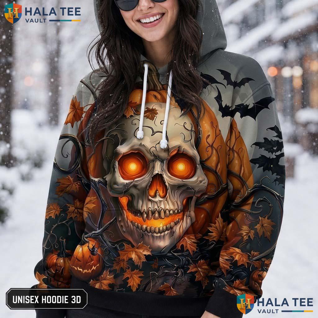 Glowing Eye Spooky Skull 3D Printed Hoodie Pumpkin Graphic Halloween Apparel