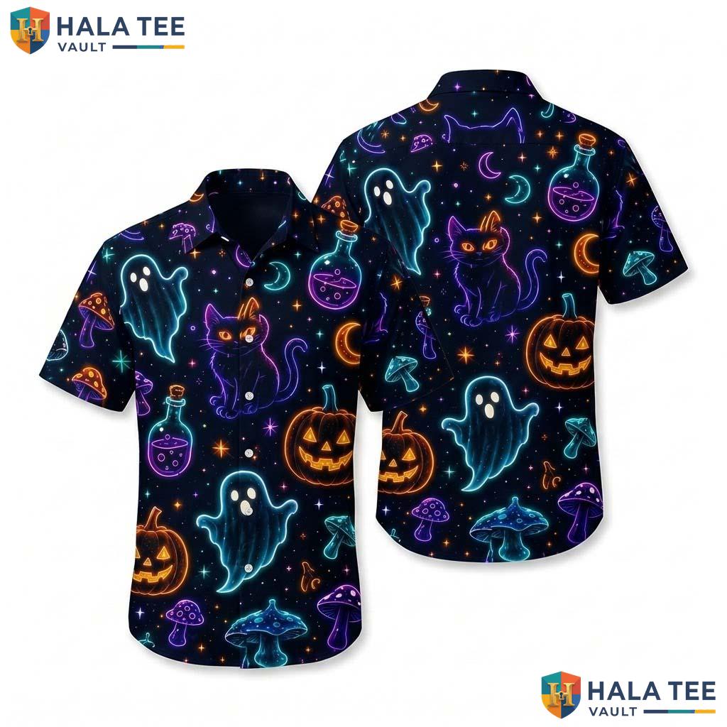 Glowing Ghost Halloween Hawaiian Shirt Neon Pumpkin Black Cat Aloha