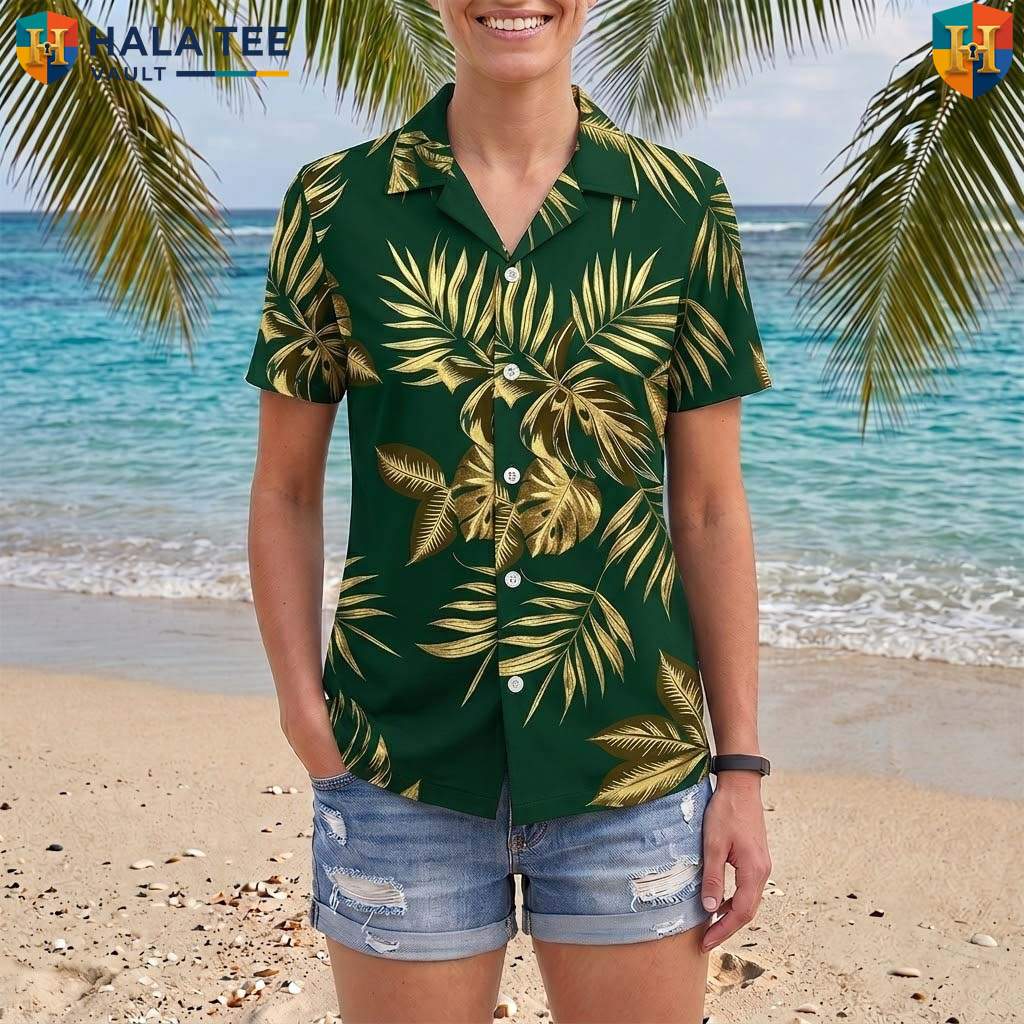 Gold Leaf Green Aloha Shirt Mens Tropical Casual Summer Beach Outfit