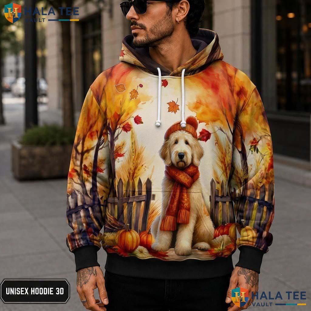 Goldendoodle Scarf Autumn Thanksgiving 3D Printed Hoodie Cozy Dog Scene Top