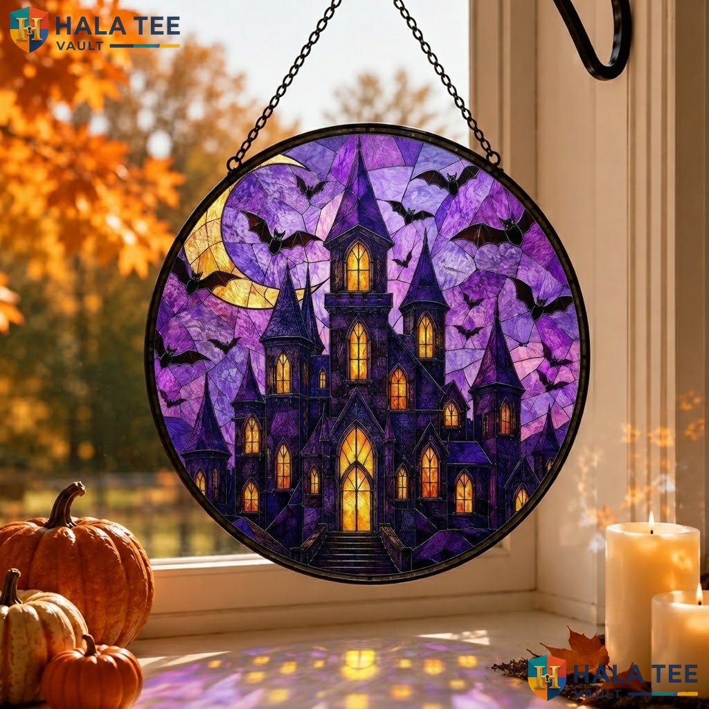 Gothic Castle Moon Halloween Stained Glass Suncatcher Spooky Bat Wall Decor Adult