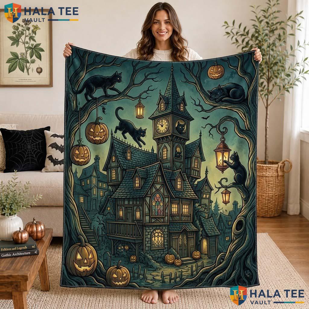 Gothic Fall Halloween Blanket Cozy Haunted House Pumpkin Throw Decor