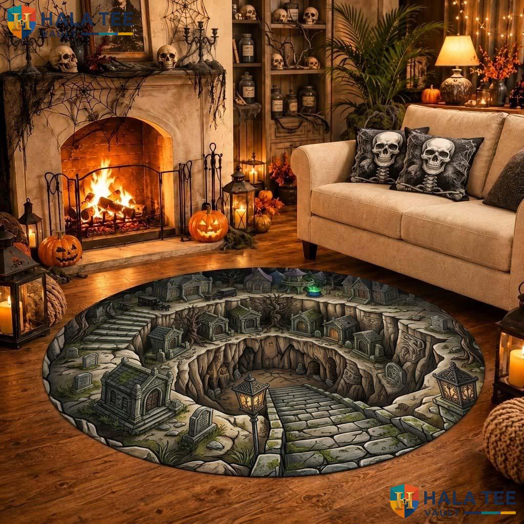 Graveyard Vortex Halloween Round Area Rug 3D Haunted Village Illusion Adult