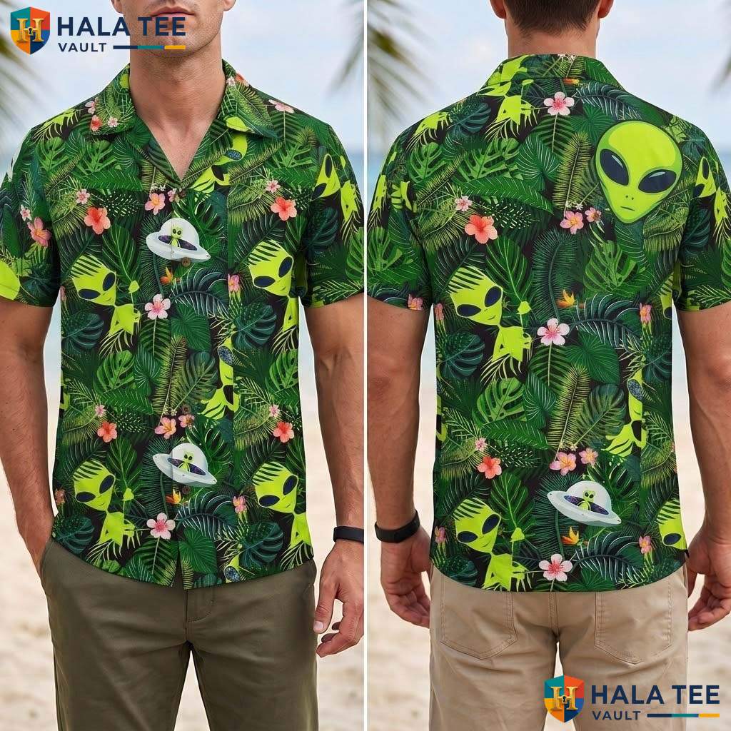 Green Alien Tropical Shirt Mens Funny Novelty Summer Beach Party Apparel