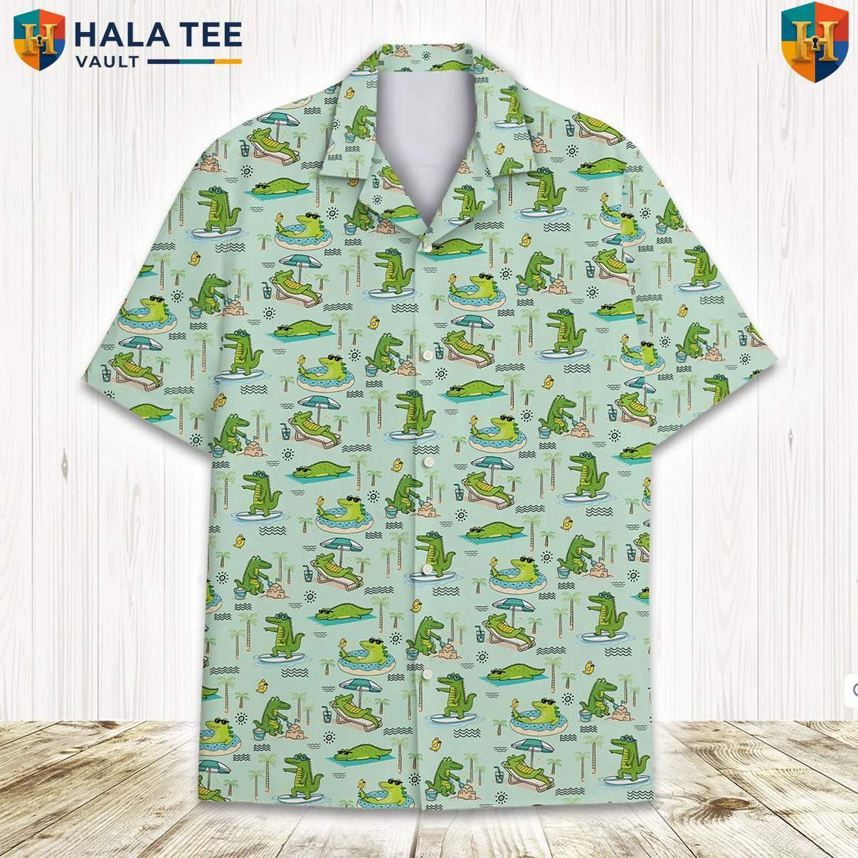 Green Alligator Tropical Shirt Mens Short Sleeve Button Down Beach Outfit