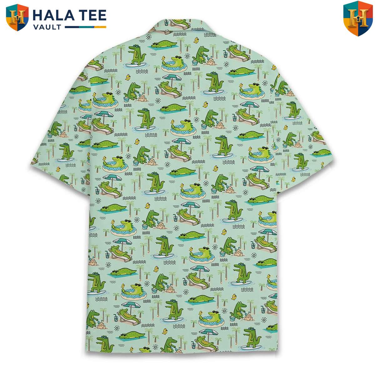 Green Alligator Aloha Shirt Mens Short Sleeve Button Down Beach Outfit