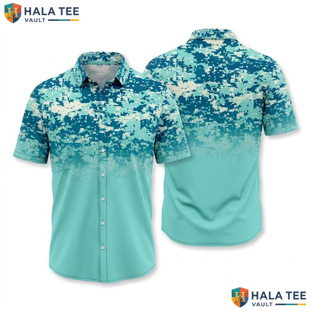 Green Digital Camo Hawaiian Shirt Mens Short Sleeve Aloha Beach Top