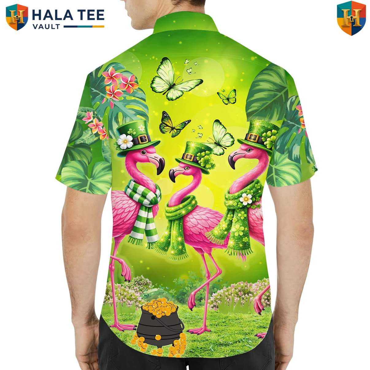 Green Flamingo Aloha Shirt Mens Short Sleeve Button Down Tropical Outfit