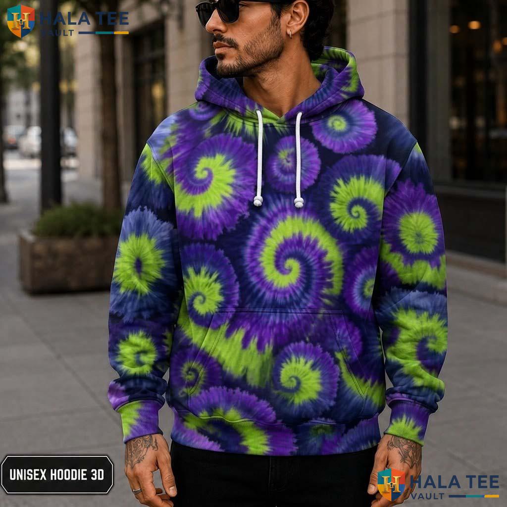 Green Purple Tie Dye Hoodie Mens Unisex Rainbow Graphic Art Pullover 3D Printed Hoodie