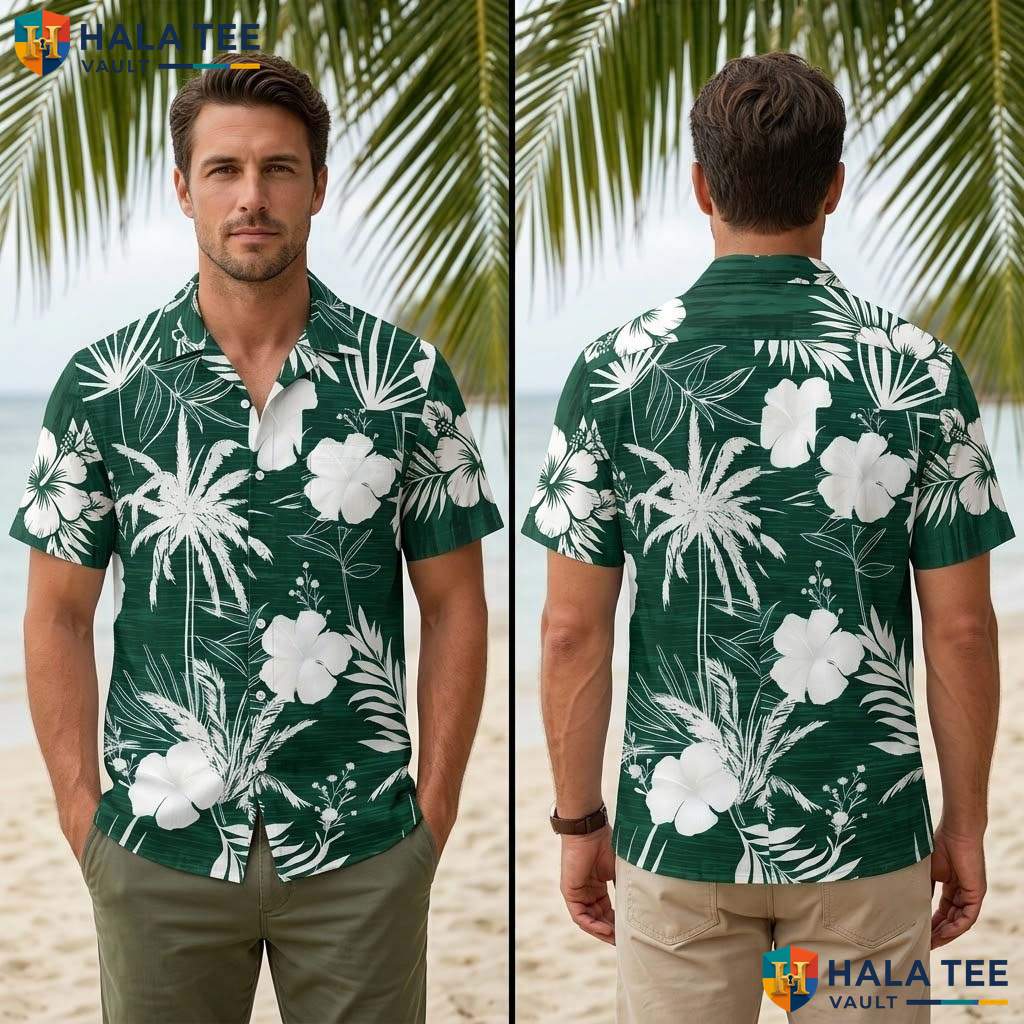 Green White Floral Aloha T-Shirt Mens Tropical Casual Summer Beach Outfit