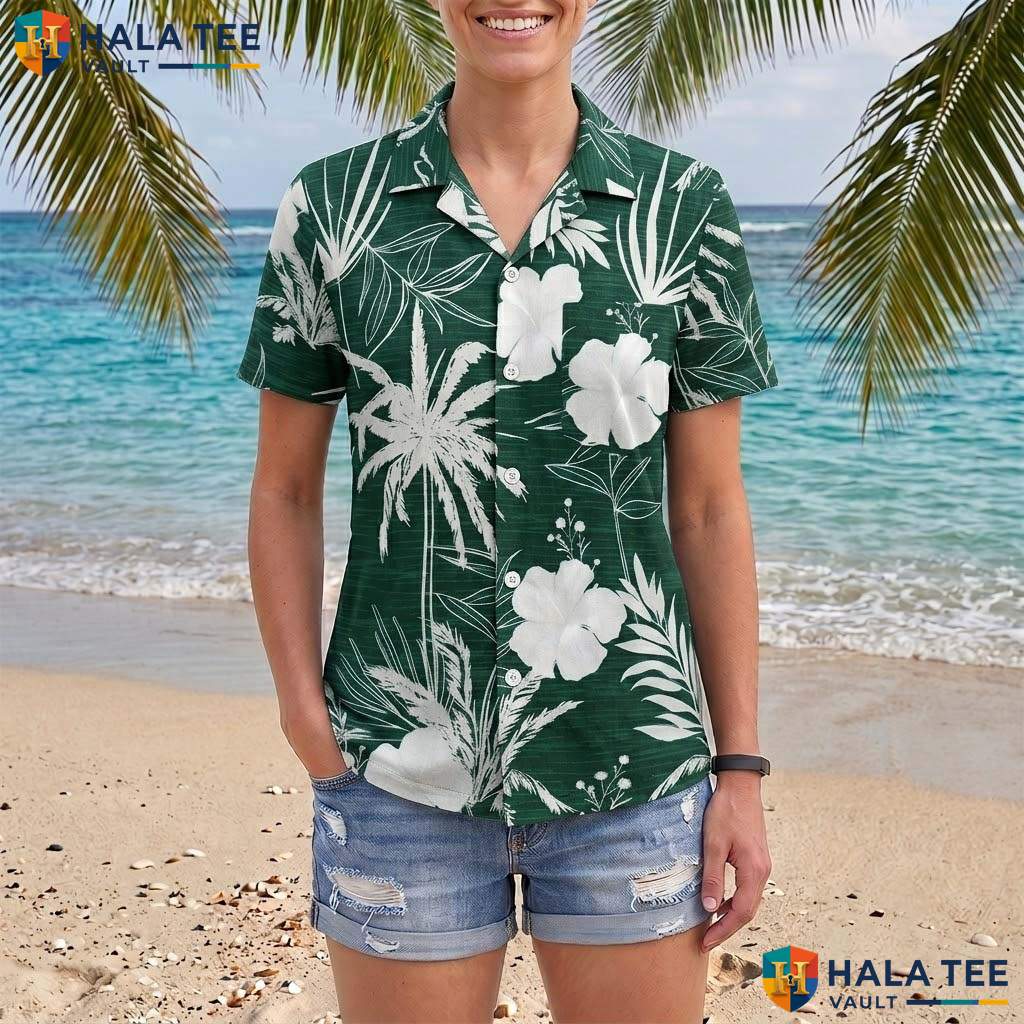 Green White Floral Aloha TShirt Mens Tropical Casual Summer Beach Outfit