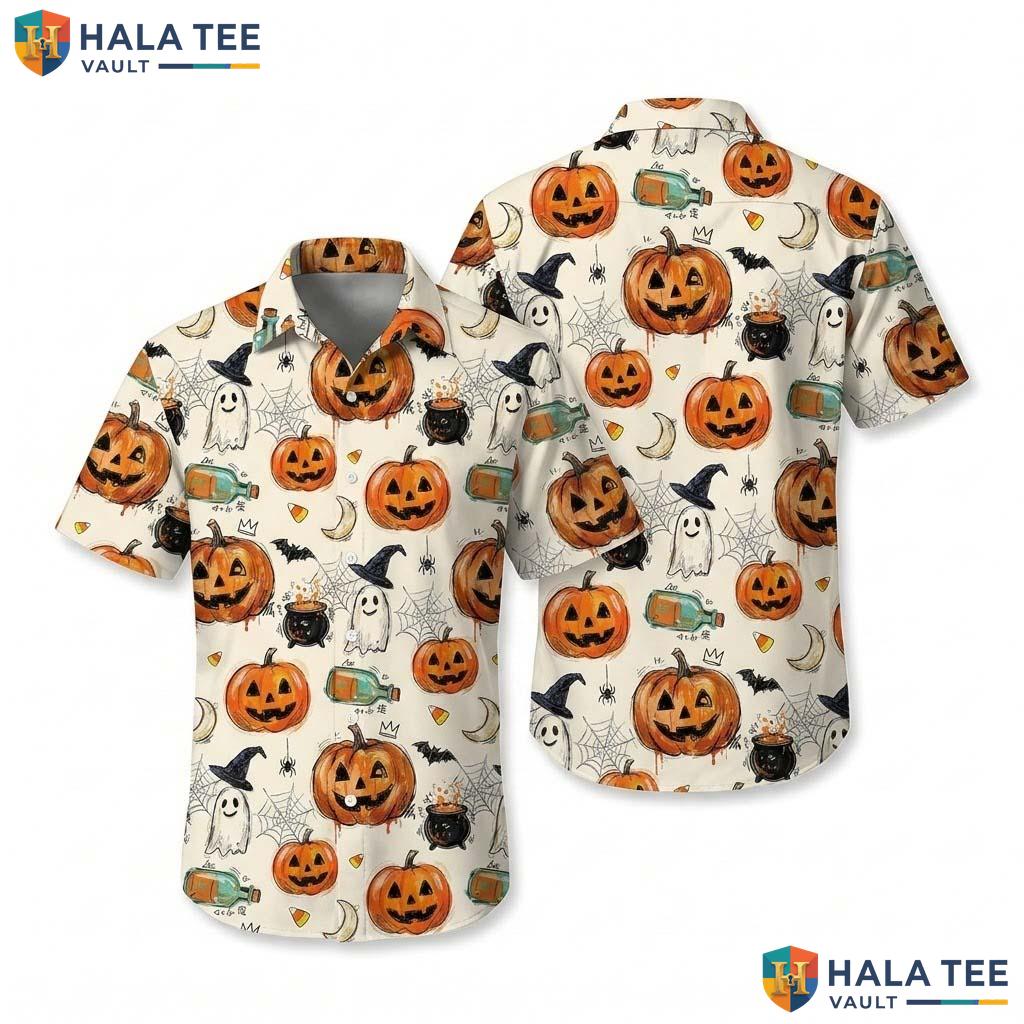 Green Witch Halloween Hawaiian Shirt Vintage Purple Pumpkin Aloha