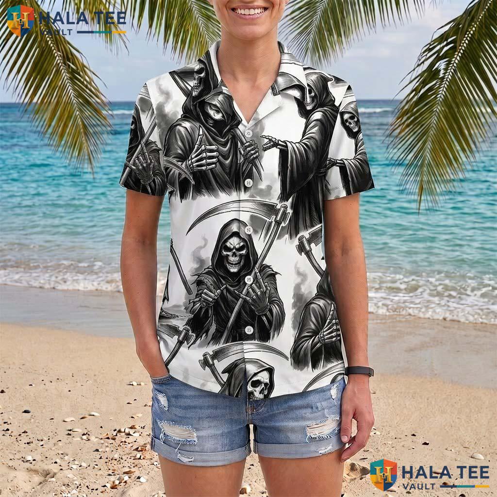 Grim Reaper Halloween Hawaiian Shirt Dark Horror Skeleton Aloha Top Adult