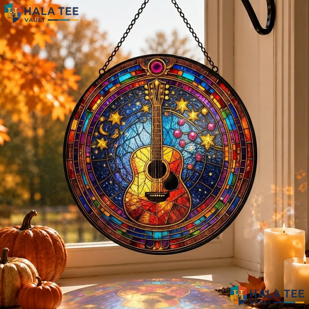 Guitar Moon Crow Stained Glass Suncatcher Spooky Autumn Window Ornament Adult