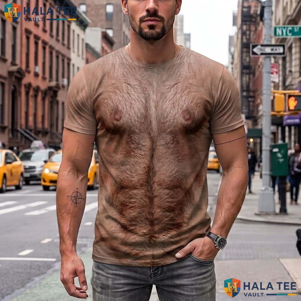 Hairy Chest Muscle AOP T-Shirt Mens Funny Fake Abdominal Costume