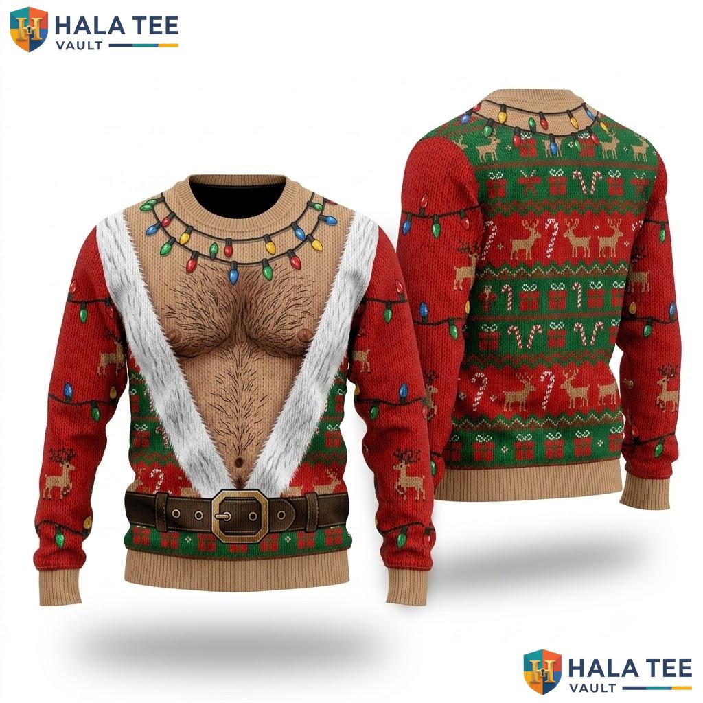 Hairy Chest Reindeer Ugly Xmas Sweater Candy Cane Funny Mens Graphic