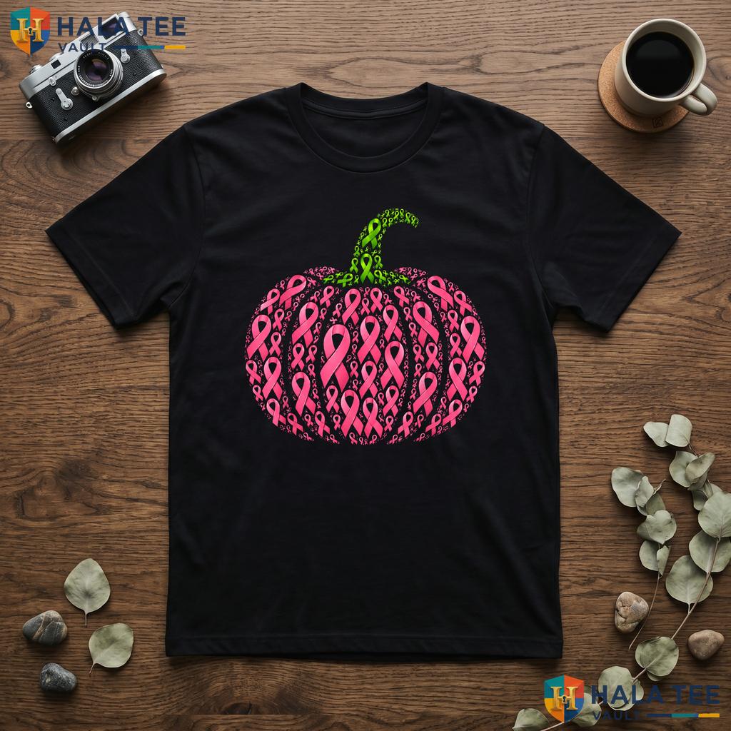 Halloween Pink Ribbon Pumpkin T-Shirt Breast Cancer Autumn Fall Adult