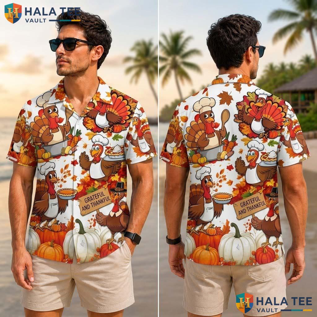 Happy Thanksgiving Tropical Shirt Fall Leaves Pumpkin Button Down Mens