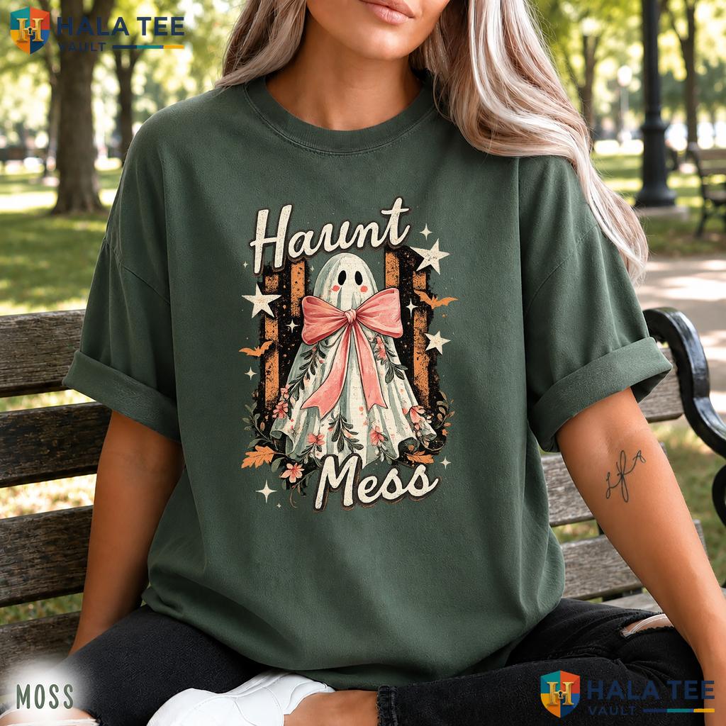 Haunt Mess Ghost Comfort Colors T Shirt Trendy Preppy Striped Halloween Top Vintage Washed Tee