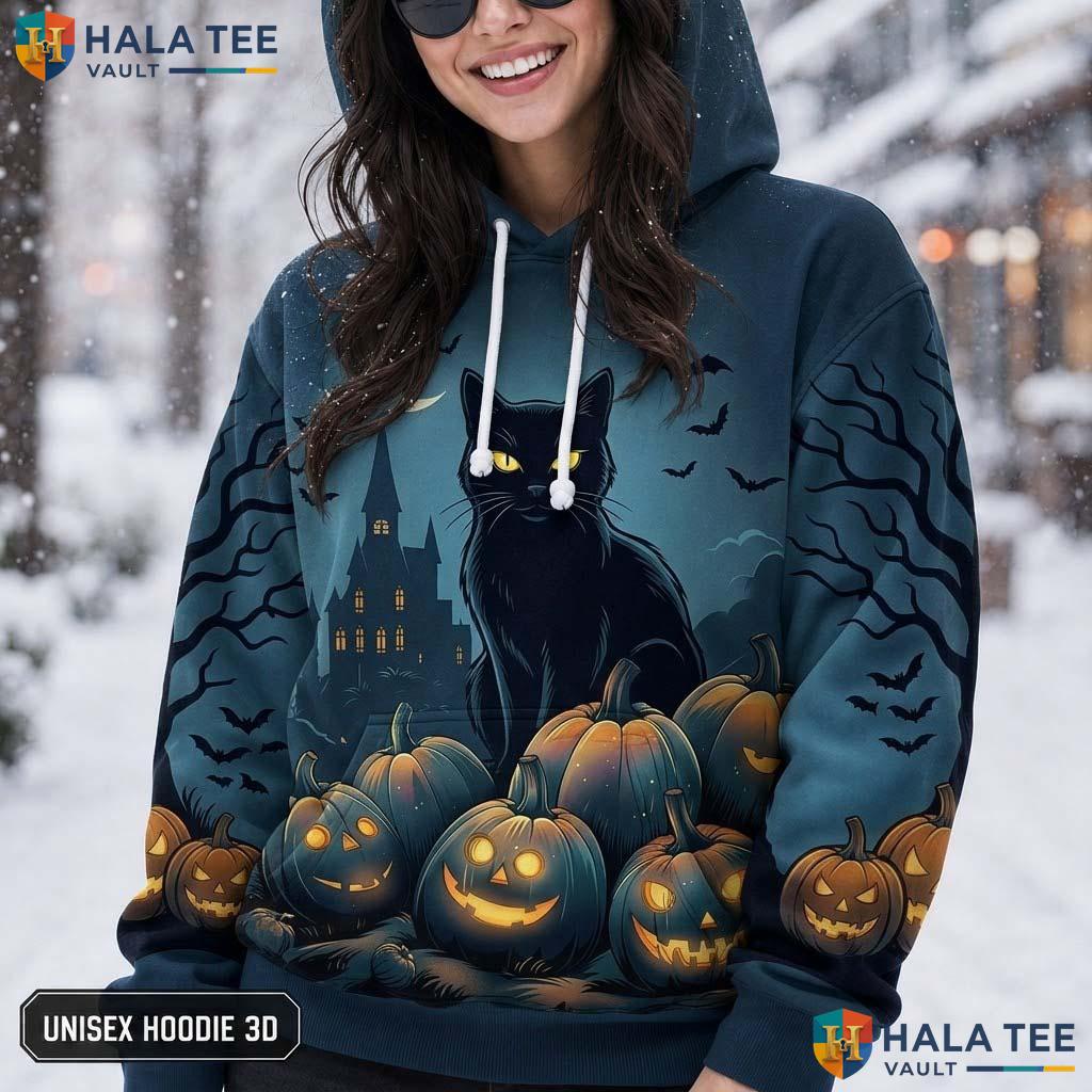 Haunted Castle Black Cat 3D Printed Hoodie Whimsical Pumpkin Graphic Halloween