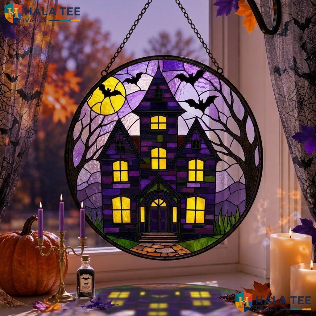 Haunted House Bat Halloween Stained Glass Suncatcher Artistic Full Moon Decor Adult